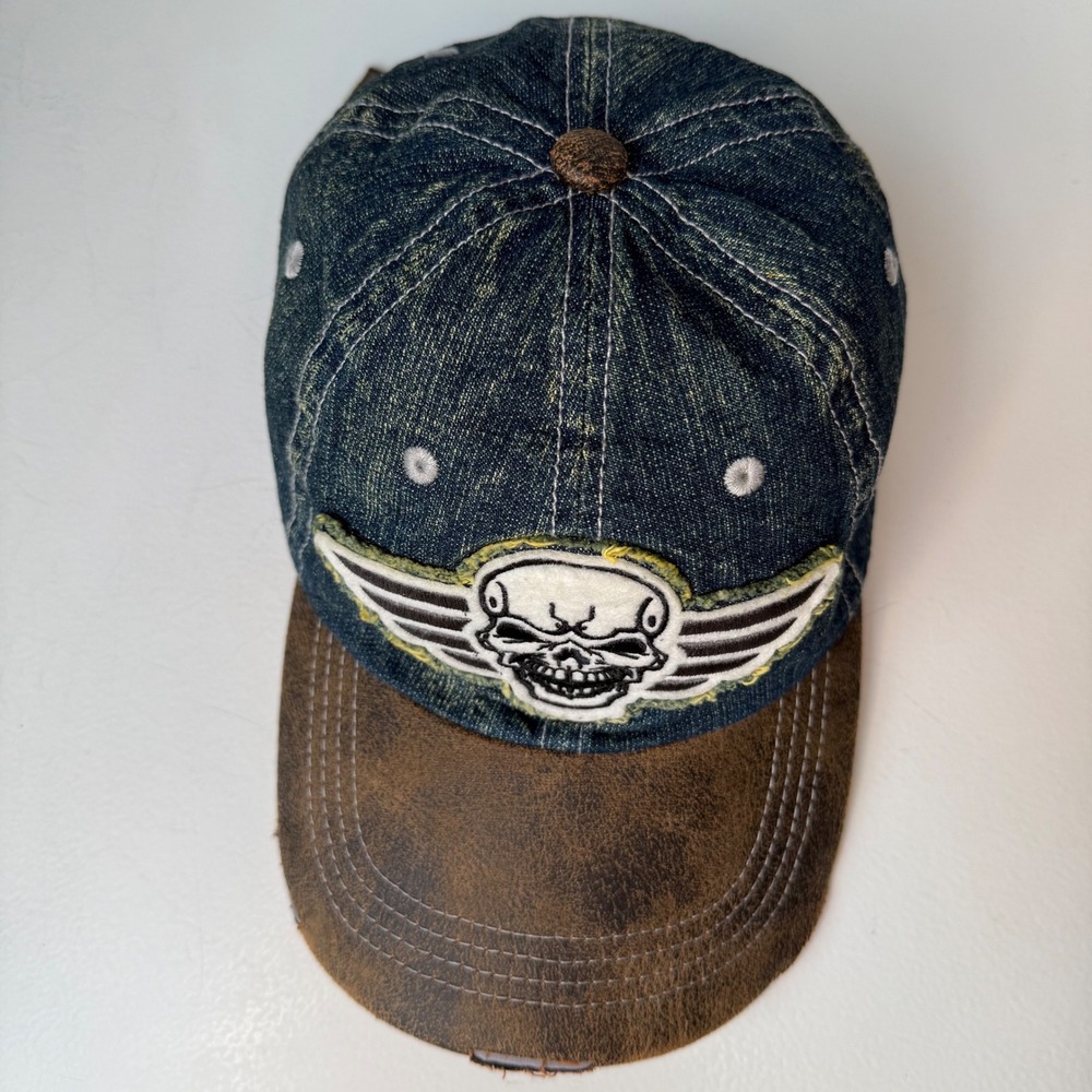 Kbethos Denim Hat Distressed Skull Winged Patch Blue Brown Faux Leather Mens Cap - Picture 2 of 7